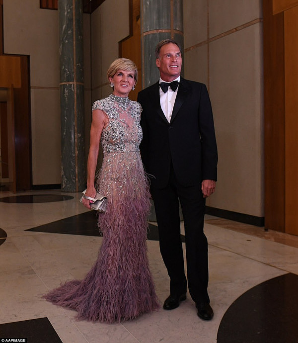 Australia's Minister for Foreign Affairs Julie Bishop (pictured) stunned in a silver and purple floor-length ball gown