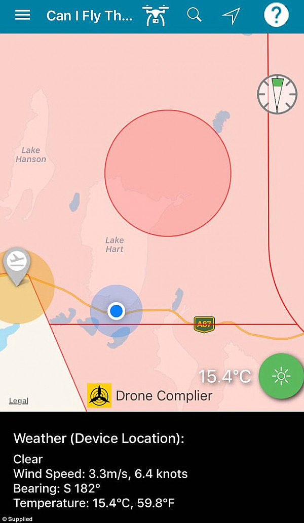 A screen shot from the Civil Aviation Safety Authority's 'Can I Fly There?' app which Mr Wright said showed he was able to fly his drone where he was while visiting Lake Hart. The red circle is an exclusion zone 