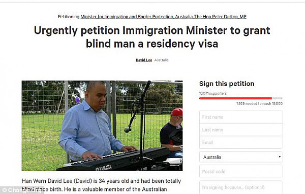 Mr Lee's petition to Immigration Minister Peter Dutton has 13,071 signatures out of 15,000