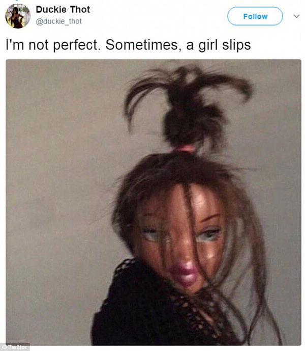 Funny: The model seemed to enjoy the comparisons, and sent out a humorous tweet showing a disheveled Barbie with the caption: 'I'm not perfect. Sometimes, a girl slips'