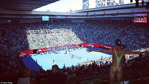 The daring traveller took his mankini to some of Australia's busiest places including the Rod Laver Arena in Melbourne