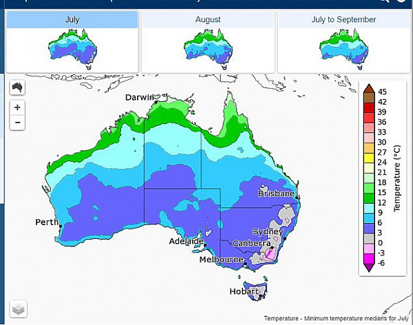 This map shows temperatures dropping to below freezing in parts of Australia's east coast