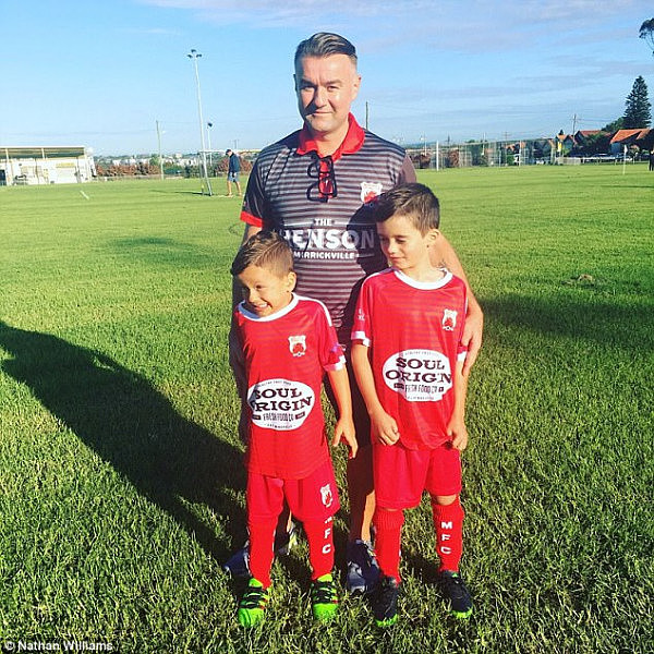 Nathan Williams with sons Bodhi, 8, and Saachi, 5, who play for Marrickville Football Club