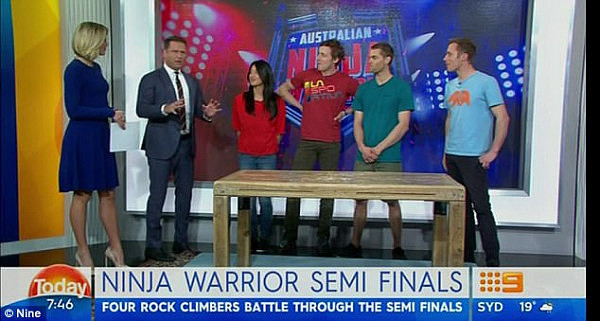 High achievers:  Today's Sylivia Jeffreys (left) and Karl Stefanovic (second from left) spoke to Australian Ninja Warrior's Andrea Hah, Ben Cossey, Tom O'Halloran and Lee Cossey (pictured from left)