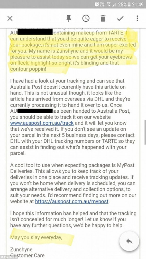 Australia Post employee Zunshyne shocked a Canberra customer with a unique response to a delivery complaint (pictured)