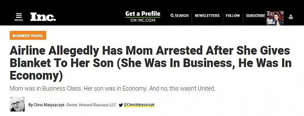 因为把商务舱毛毯递给经济舱的孩子，这位妈妈被赶下飞机、铐上手铐逮捕...... - 1