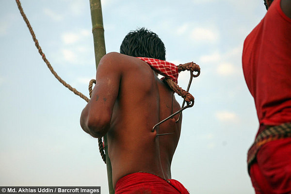 印度信徒为敬神背部穿刺 吊挂空中旋转（组图） - 5