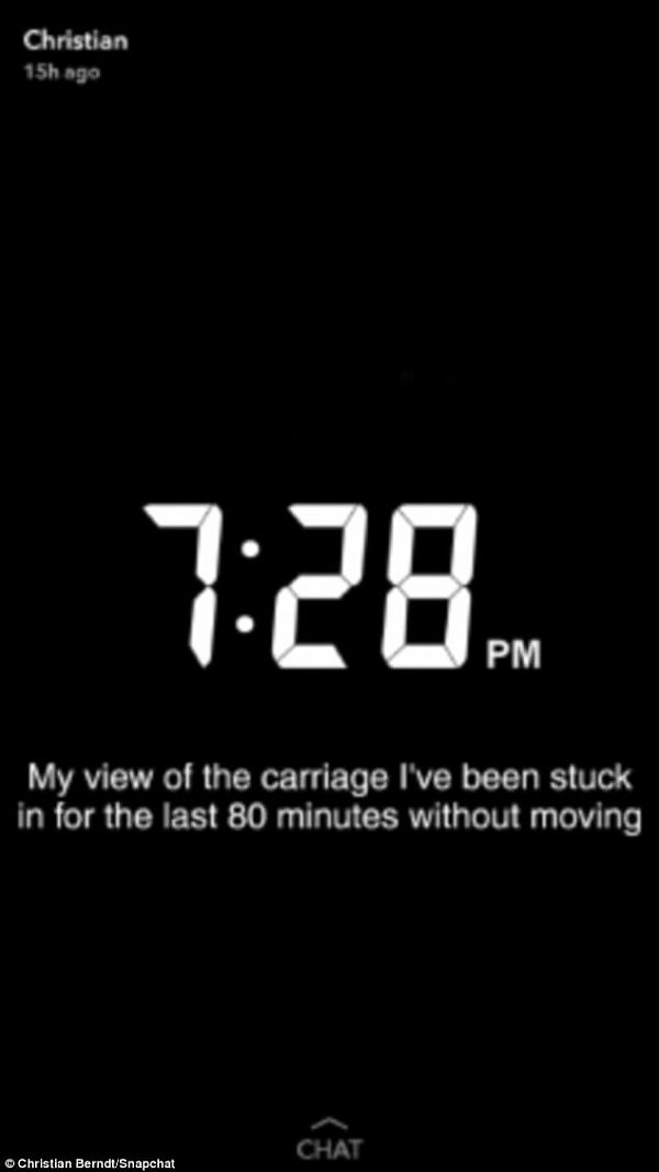 To make the three hour journey worse the power went out, leaving commuters in the dark (pictured is passenger's Snapchat) 