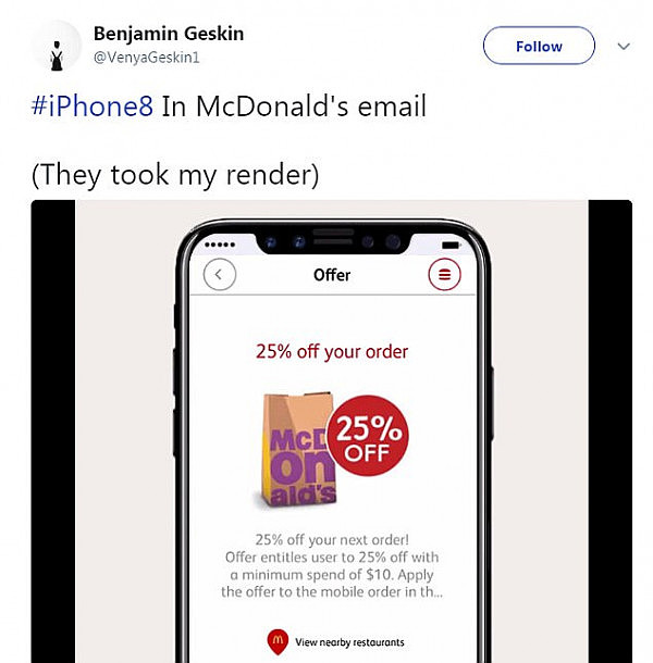 The photo, however, is not of an actual iPhone 8. Mobile reporter Benjamin Geskin - who works with leaks and visualization rumors - tweeted, 'they took my render'