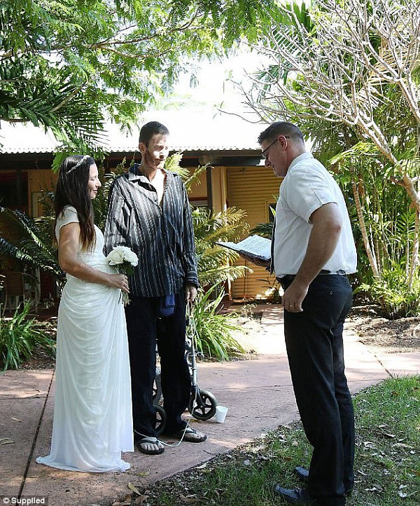 Ash was able to stand at the altar, assisted by a breathing apparatus, and marry the mother of his six children