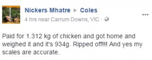 The Melbourne mother feels ripped off after taking home 29 per cent less chicken
