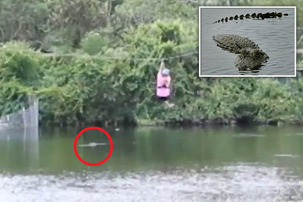 惊险！女子飞索滑过水面差点被跃起的鳄鱼咬伤（组图） - 1