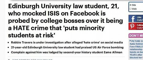 一位英国大学生只不过嘲讽了几句ISIS，就遭同学举报，学校调查