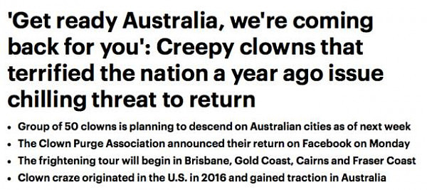全澳注意！引发全球恐慌的“恐怖小丑”卷土重来！50多位恐怖小丑宣布：“下周起将在澳洲各大城市出没！做好准备，迎接最恐怖的经历！” - 5