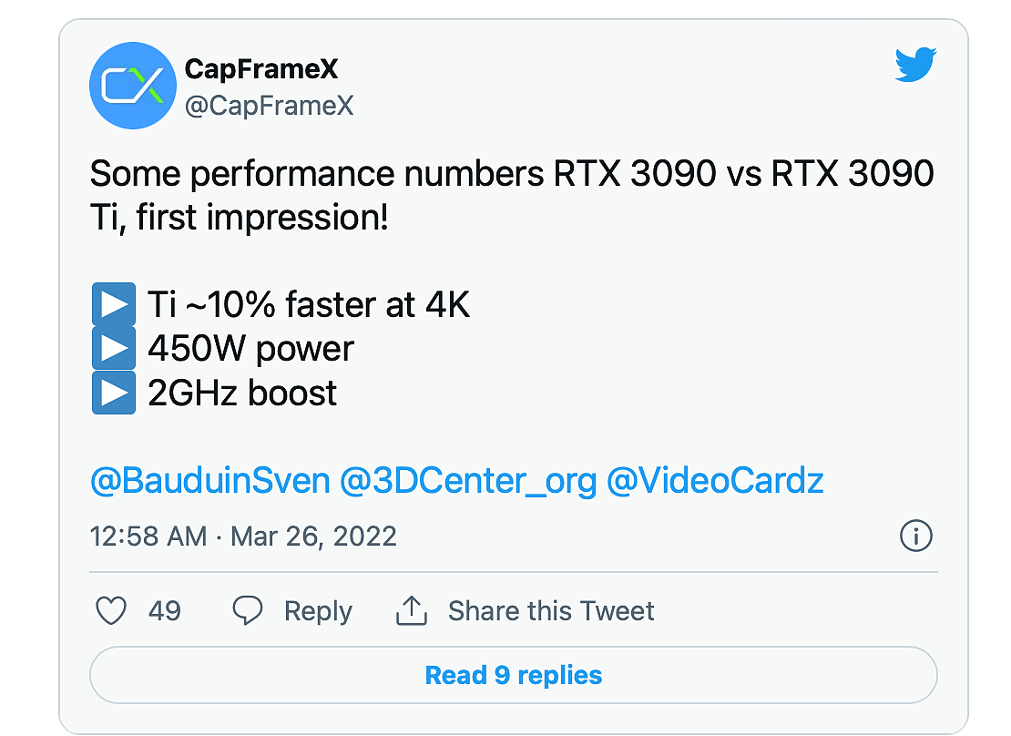 消息称英伟达 RTX 3090 Ti 4K 游戏性能较 3090 提升 10% - 1