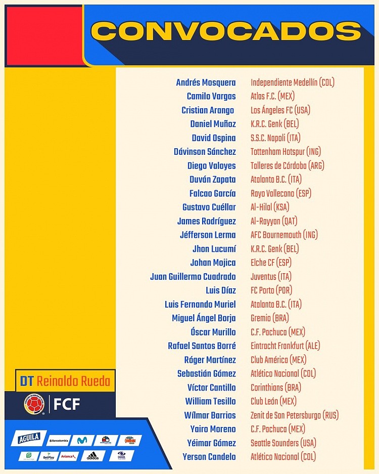 哥伦比亚11月世预赛名单：J罗时隔1年回归，法尔考在列