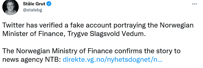 Twitter验证了挪威政府的一个假账号，但并非平台错误 - 1
