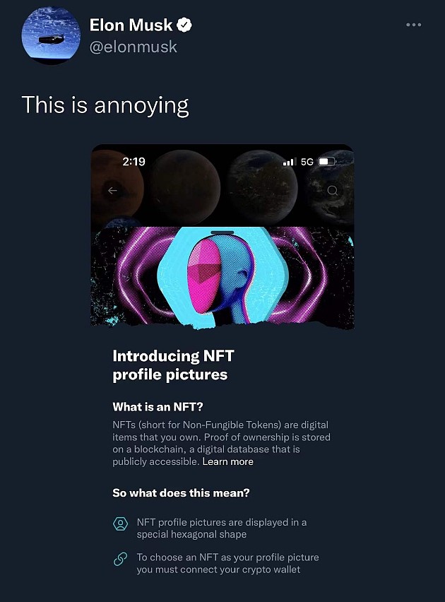 推特推出NFT头像功能 马斯克称该功能“很烦人” - 1