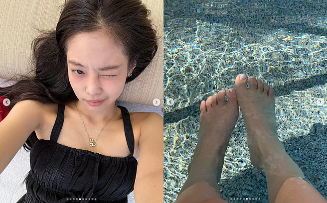Jennie素顏略顯憔悴，水中肥短腳趾頭相當搶鏡。（圖／摘自BLACKPINK Jennie Instagram）