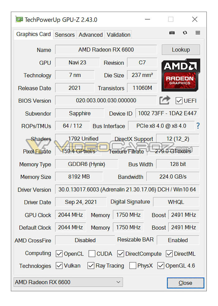 AMD RX 6600（非 XT）显卡现身 GPU-Z，显存频率降到 1750MHz - 1