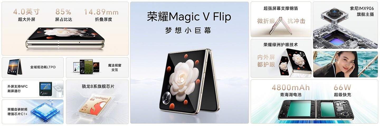4999 元起，荣耀首款小折叠手机 Magic V Flip 正式发布：全面外屏 + 高通骁龙 8+ Gen1 - 1