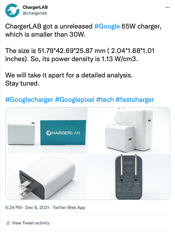 Google谷歌65W PD快充谍照曝光，功率密度1.13W/cm³ - 1
