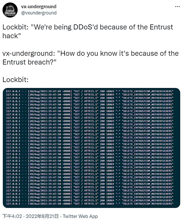 LockBit勒索软件团伙称在泄露Entrust数据后遭遇DDoS反击 - 1
