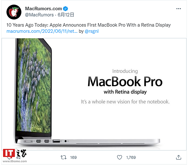 10 年前的今天，苹果发布首款配备 Retina 显示屏的 MacBook Pro 笔记本电脑 - 1