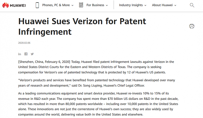 华为和Verizon就两起专利侵权诉讼案达成和解 - 1