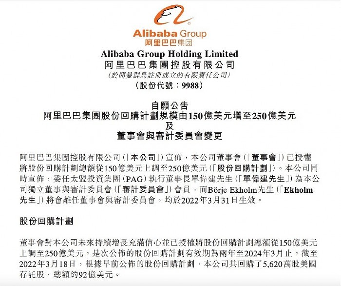 阿里巴巴扩大股份回购规模至250亿美元 委任新独立董事 - 1