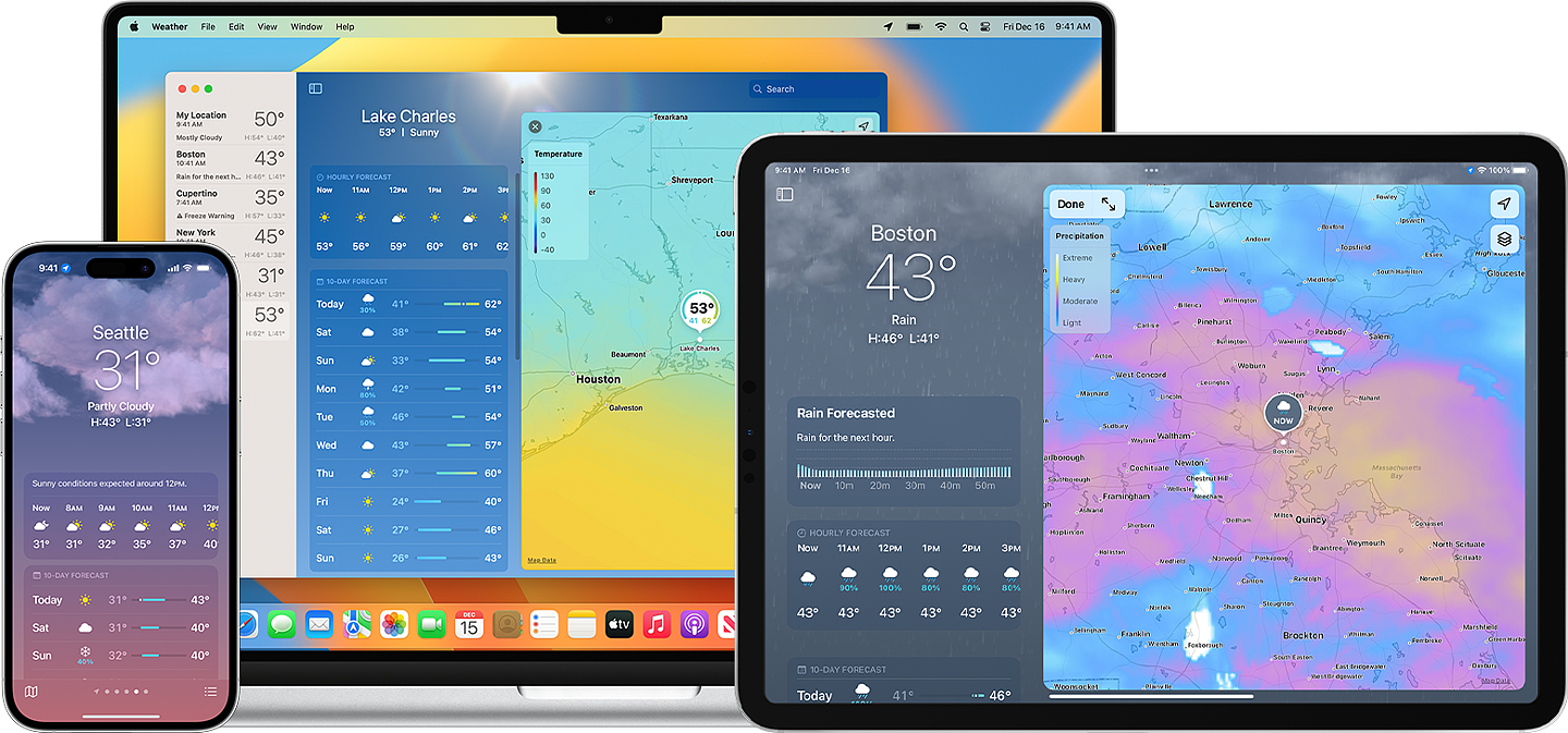 Apple devices showing forecasts, maps, and the air quality index