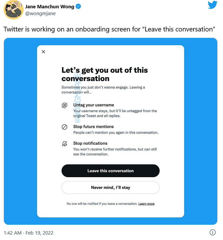 Twitter可能很快就会让用户从一个会话中取消自己的标签 - 1