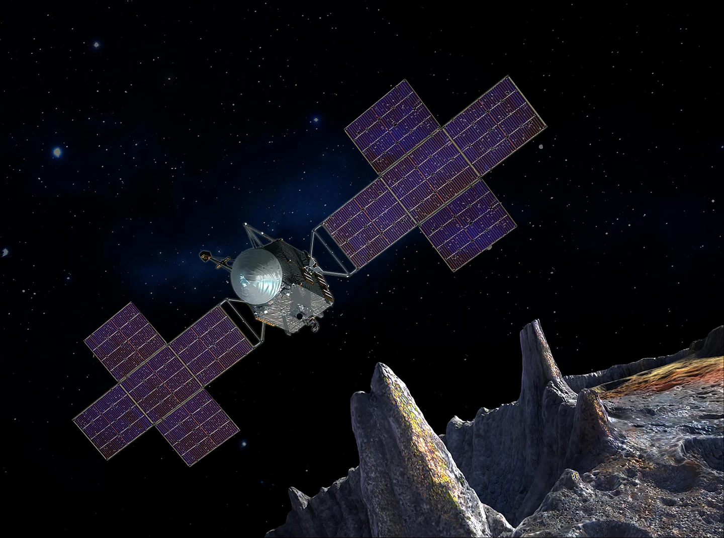 this-artists-rendering-shows-a-blocky-space-probe-to-which-a-dish-antenna-is-mounted-and-from-which-two-solar-panels-extend-in-near-proximity-to-rocky-cratered-surface.webp