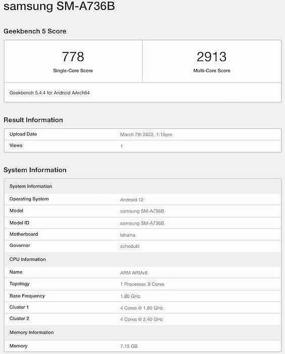 Galaxy A73 5G Geekbench