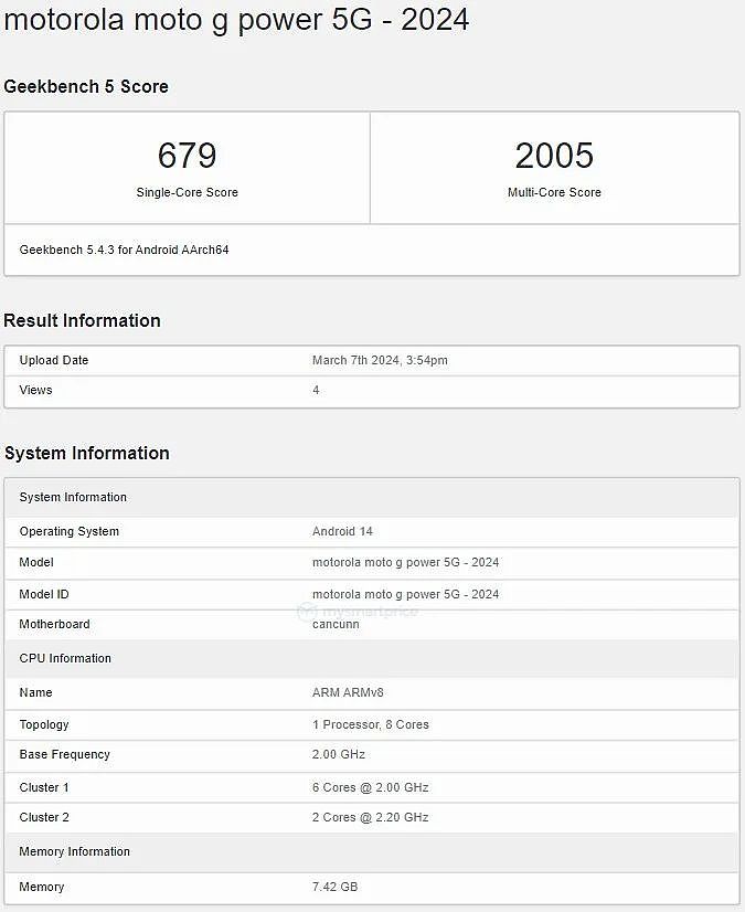 2024 款 Moto G Power 5G 手机跑分曝光：天玑 7020+8GB 内存 - 2