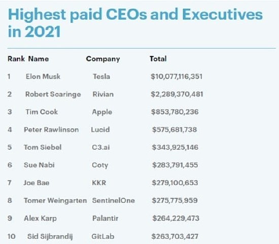 美国CEO薪酬排名：特斯拉CEO马斯克入账超100亿美元 位列第一 - 3
