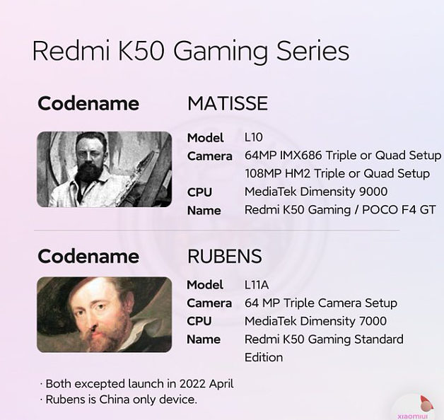 Redmi K50 游戏增强版曝光：搭载天玑 9000/7000，代号“马蒂斯”与“鲁本斯” - 2