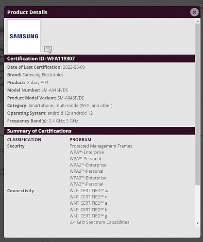 三星 Galaxy A04 手机通过 Wi-Fi 联盟认证，Galaxy A04s 手机已曝光 - 1