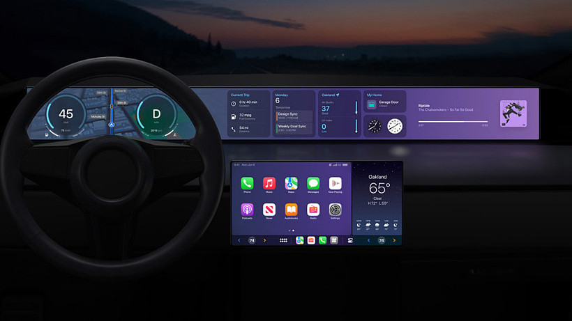 一辆汽车的仪表盘展示着支持多屏幕显示、 功能更强大的 CarPlay 车载体验。