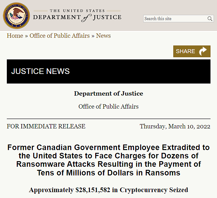 前加拿大政府雇员因涉NetWalker勒索软件攻击而被引渡至美国受审 - 1