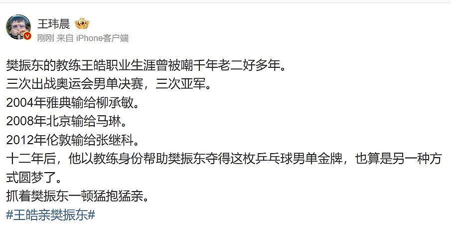 媒体人：王皓3个亚军被嘲讽千年老二太久了 圆梦抱着樊振东一顿亲 - 2