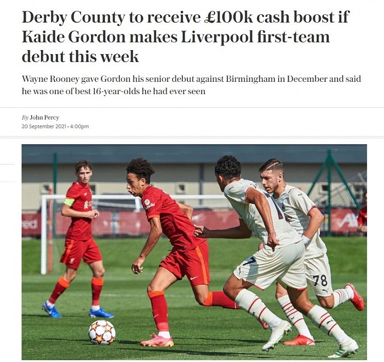 电讯报：若凯德-戈登首发出战联赛杯，利物浦将付给德比郡10万镑