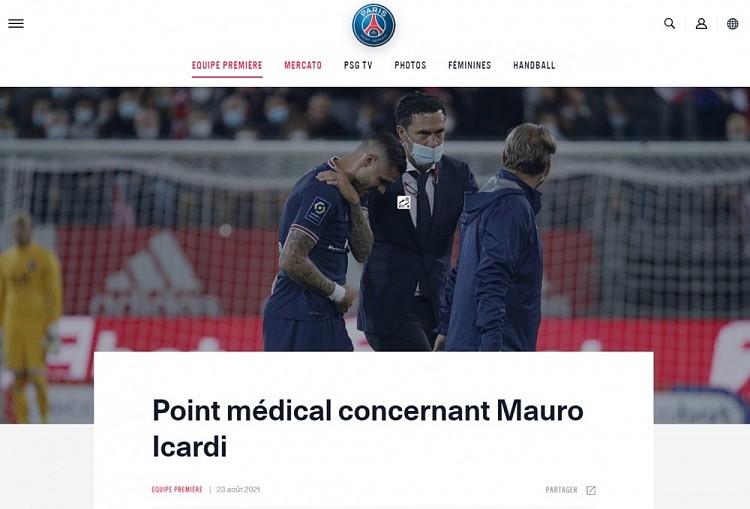 巴黎官方：伊卡尔迪右肩锁关节扭伤，预计伤缺3-4周 - 1