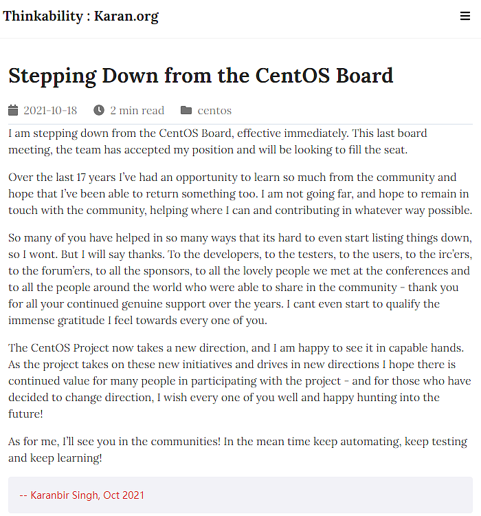 CentOS项目首席Karanbir Singh宣布离任 - 2
