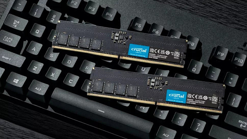 两条美光DDR5内存条实拍，底部为键盘