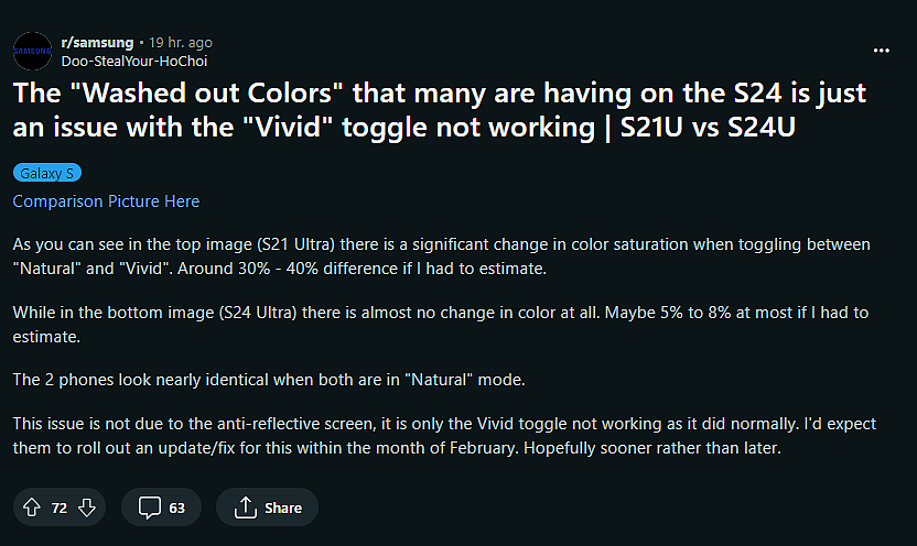 用户反映三星 Galaxy S24 系列手机在“鲜艳”模式下屏幕颜色偏淡 - 3