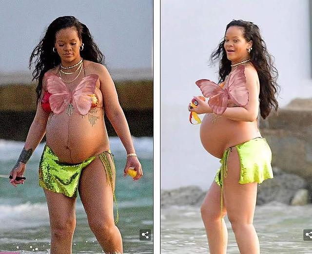 蕾哈娜临产前放飞自我！挺大肚子在海中吃水果，穿液体比基尼太美 - 2