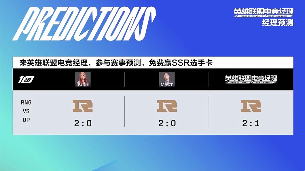 解说预测RNG vs UP：Suki和Mact皆认为RNG将2-0击败UP - 1