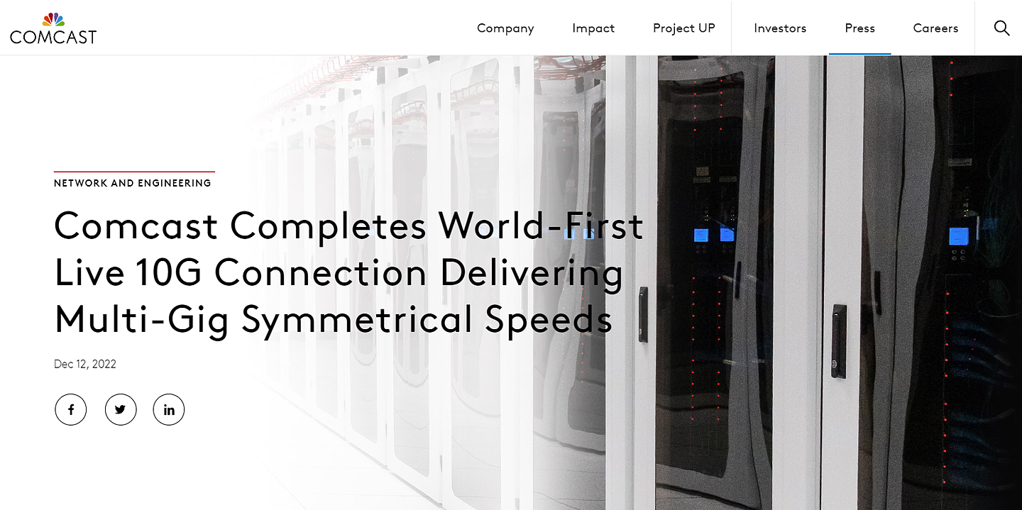 美国运营商 Comcast 完成全球首个万兆宽带的实地测试，上传、下载速度达数千兆 - 1