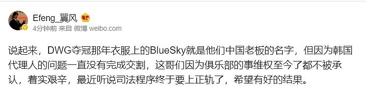 前ES领队翼风透露：DWG中国老板BlueSky将俱乐部状告上法庭 - 2